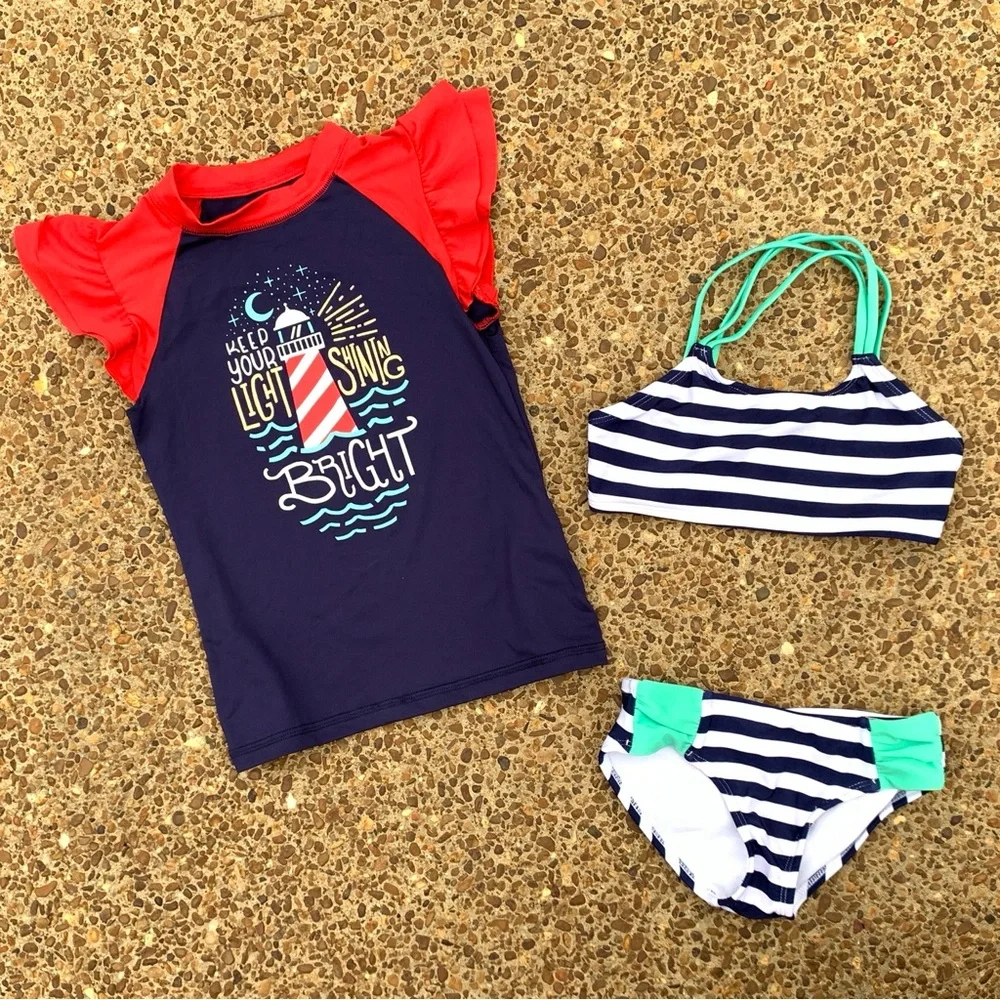 Cat & Jack Red White Blue Bikini & Rashguard Swim Set 6/6x - Picture 1 of 6